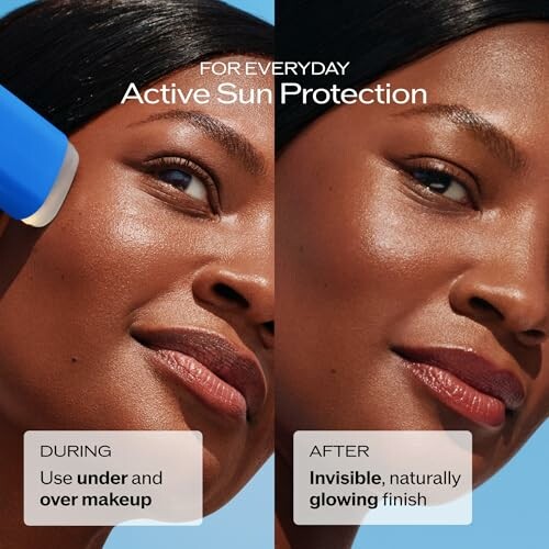 Comparison of active sun protection applied under and over makeup.
