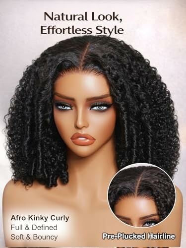 Afro kinky curly wig with pre-plucked hairline on mannequin.