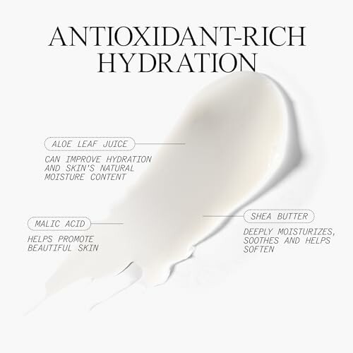 Cream with aloe, malic acid, and shea butter for hydration.