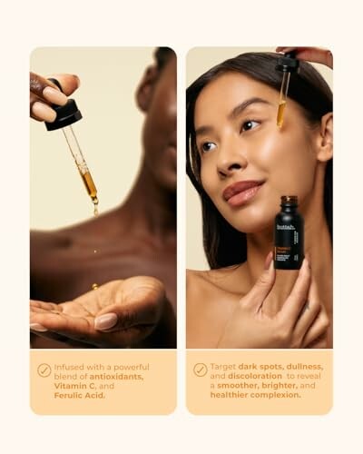 Two people applying serum with dropper for skin care.