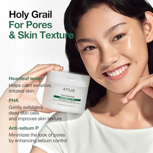 Smiling person holding Anua Pore Care Pad with skincare benefits text.
