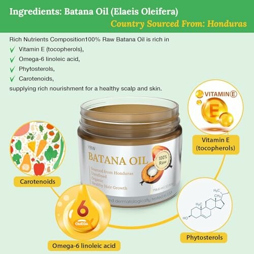 Batana oil jar with vitamin E, carotenoids, omega-6, and phytosterols benefits.