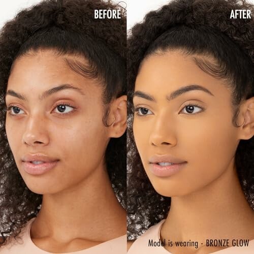 Before and after makeup transformation showing a model with natural and applied makeup look.