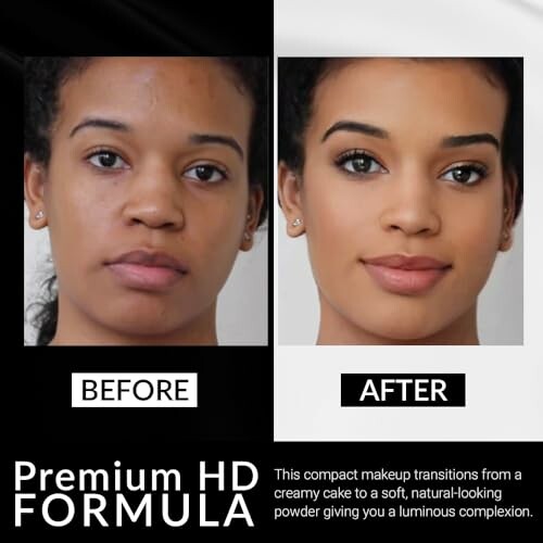 Before and after makeup transformation showcasing a woman's complexion change.