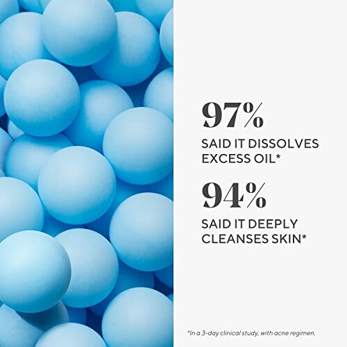 Blue balls with skincare statistics on oil and skin cleansing.