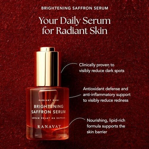Brightening Saffron Serum bottle with benefits listed: reduces dark spots, redness, and supports skin barrier.