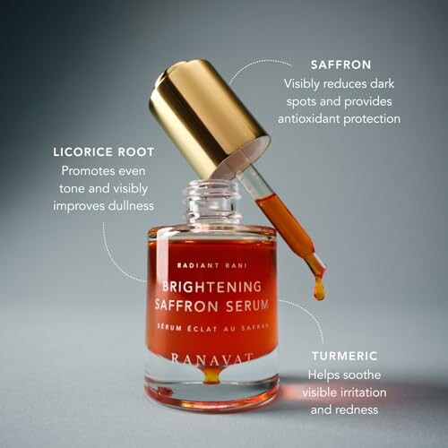 Brightening saffron serum with ingredients saffron, licorice root, and turmeric.