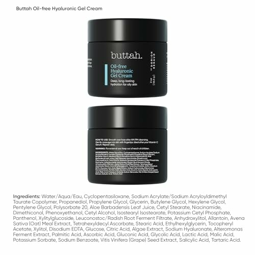 Buttah Oil-Free Hyaluronic Gel Cream packaging and ingredients list.