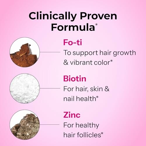 Clinically proven formula highlighting Fo-ti, Biotin, and Zinc benefits for hair.