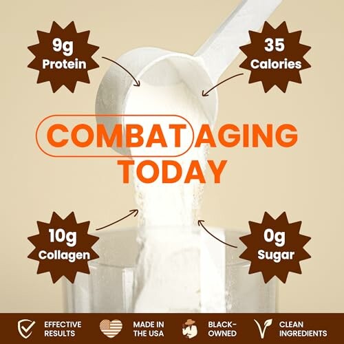 Supplement powder with benefits like 9g protein, 10g collagen, 35 calories, 0g sugar.