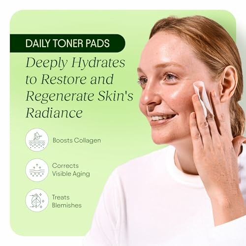 Woman applying daily toner pad with skincare benefits listed.