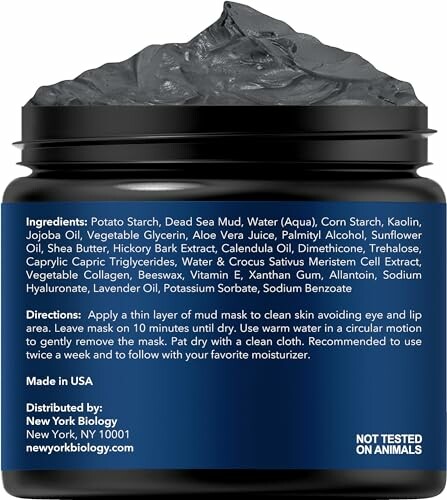 Jar of Dead Sea mud mask with ingredients and usage instructions.