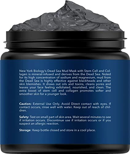 Dead Sea Mud Mask jar with product description and usage instructions.