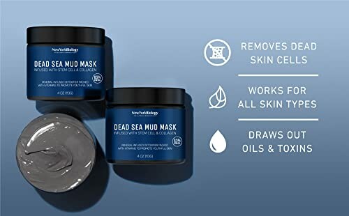 Dead Sea mud mask jars with benefits listed: removes dead skin cells, works for all skin types, draws out oils and toxins.