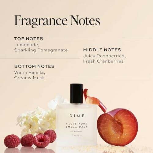 DIME perfume with notes of lemonade, pomegranate, vanilla, raspberries, and cranberries.