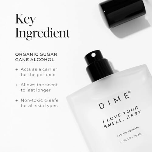 DIME perfume bottle highlighting organic sugar cane alcohol.