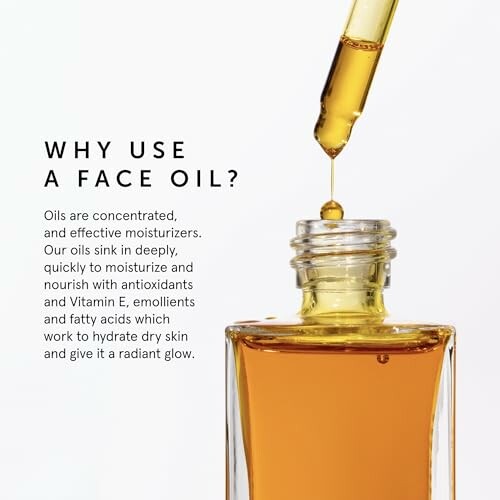 Face oil benefits with dropper and bottle.