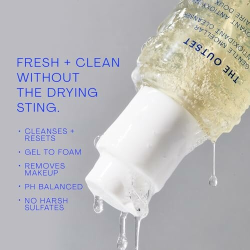 Gentle cleanser bottle with text highlighting benefits: cleanses, resets, gel to foam, removes makeup, pH balanced, no harsh sulfates.