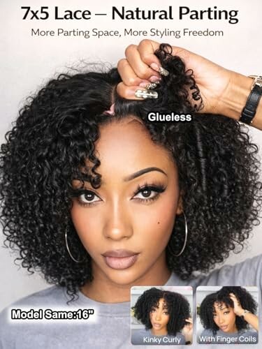 Woman wearing a glueless kinky curly lace wig with natural parting.