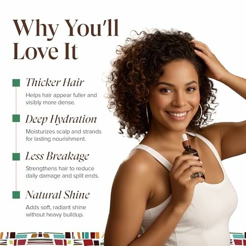 Woman holding hair product with benefits listed: thicker hair, deep hydration, less breakage, natural shine.