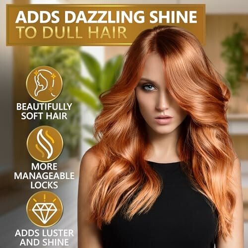 Woman with shiny hair promoting hair care benefits.