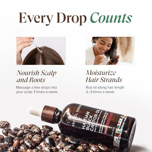 Hair oil benefits for scalp and hair strands with a bottle of Haitian Black Castor Oil.