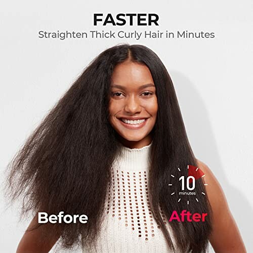 Woman showing before and after hair straightening results.