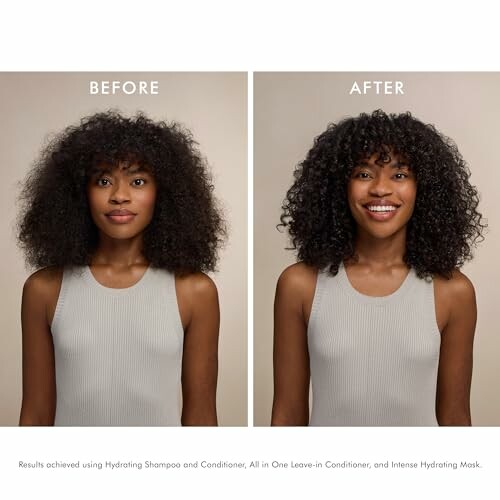 Before and after hair transformation with hydrating products.