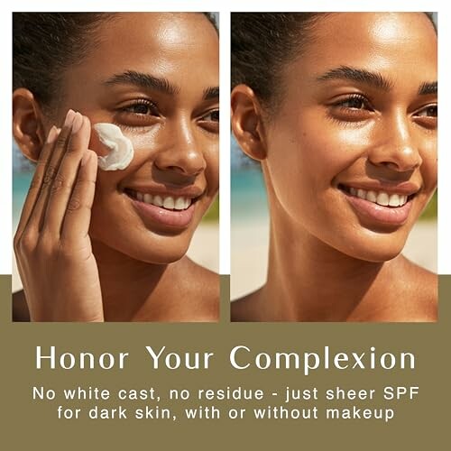 Woman applying and showcasing skincare product with SPF for dark skin.