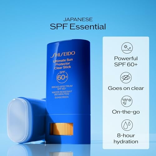 Blue SPF 60+ sunscreen stick with product benefits listed.