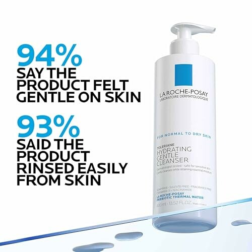 La Roche-Posay Hydrating Gentle Cleanser bottle with text highlighting user satisfaction rates.