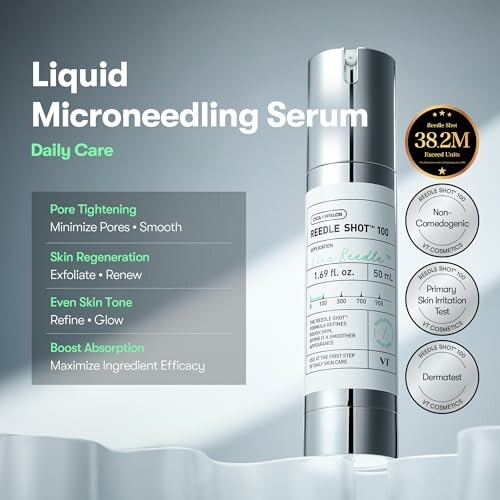 Liquid Microneedling Serum bottle with benefits and certifications.