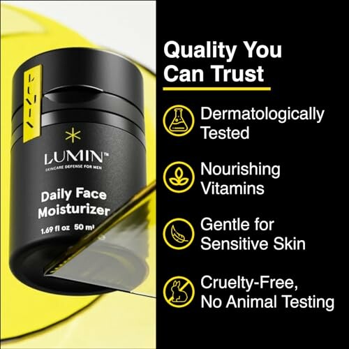 Lumin Daily Face Moisturizer with benefits listed: dermatologically tested, nourishing vitamins, gentle for sensitive skin, cruelty-free.