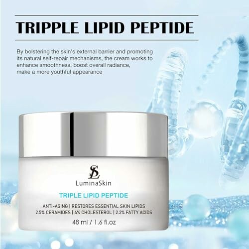 LuminaSkin Triple Lipid Peptide cream jar with skincare benefits.