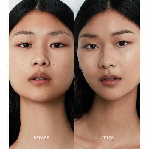 Side-by-side image showing a woman's face before and after makeup application.