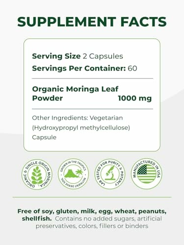 Supplement facts for organic Moringa leaf powder capsules.