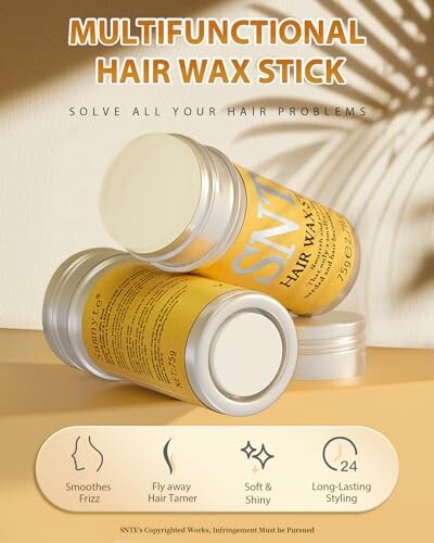 Three containers of multifunctional hair wax stick on a beige background.