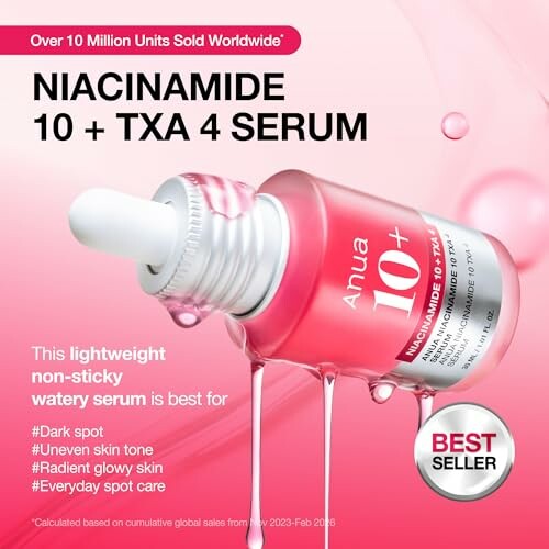 Promotional image of Anua Niacinamide 10 + TXA 4 Serum with text on benefits and best seller label.