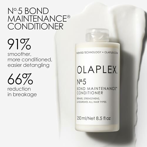 Olaplex No.5 Bond Maintenance Conditioner bottle on white background with text highlighting benefits