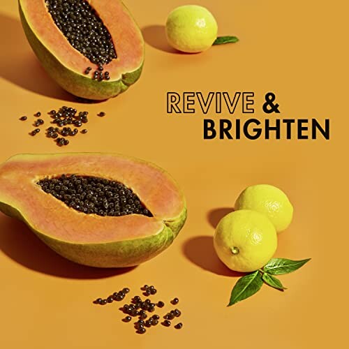 Papaya and lemons on orange background with 'Revive & Brighten' text.