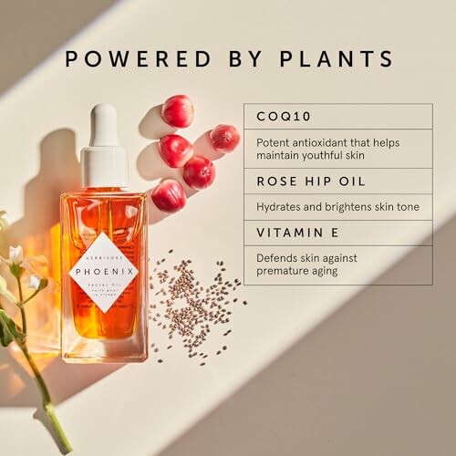 Phoenix face oil with CoQ10, rose hip oil, and vitamin E benefits.