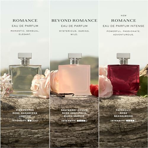 Three perfume bottles labeled Romance, Beyond Romance, and New Romance on a natural background.