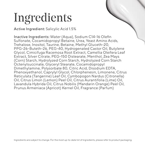 List of active and inactive ingredients including salicylic acid 1.5%