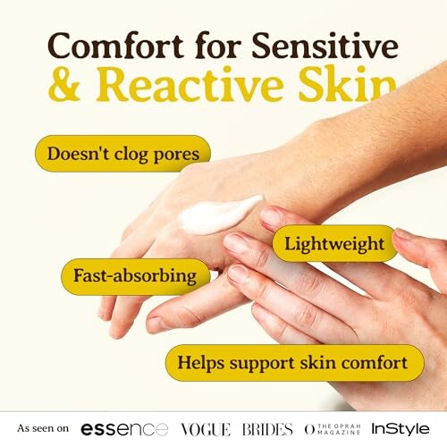 Lotion applied to hand with benefits for sensitive skin.