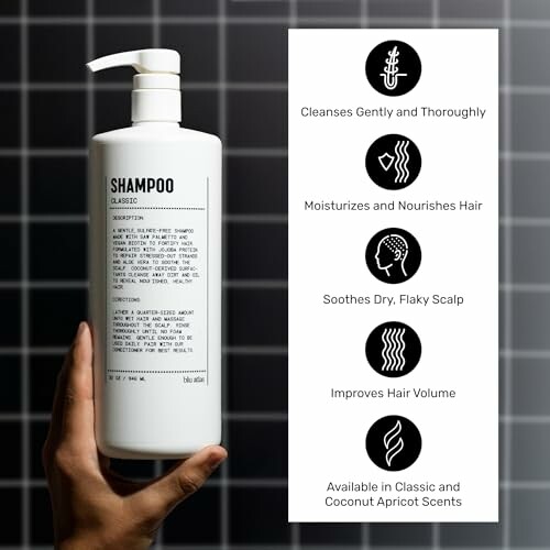 Hand holding a shampoo bottle with benefits list on the side.