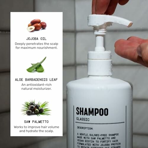 Hand pressing pump on shampoo bottle with ingredient descriptions.