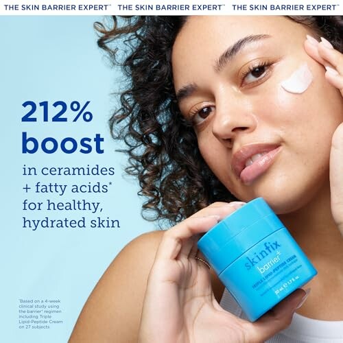 Woman holding a blue jar of skinfix barrier cream promoting 212% boost in ceramides and fatty acids for hydrated skin.