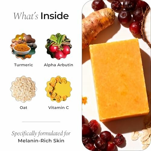 Turmeric, alpha arbutin, oat, and vitamin C ingredients for melanin-rich skin care.