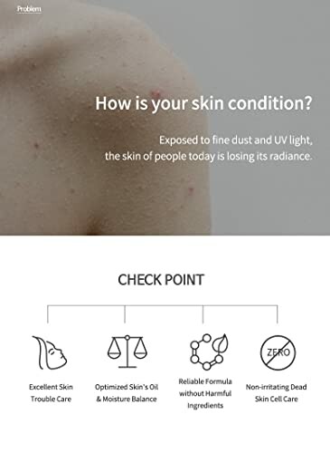 Person with skin condition and skincare check points.