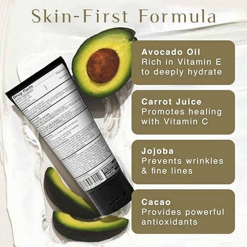 Skincare product with key ingredients: avocado oil, carrot juice, jojoba, cacao.